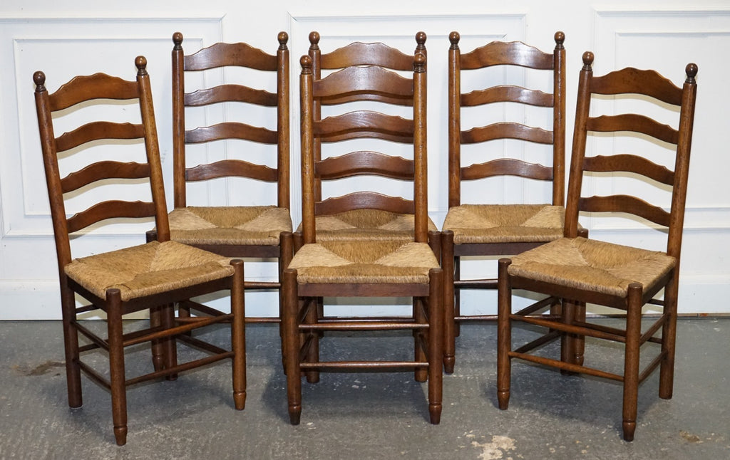 SET OF SIX ANTIQUE ENGLISH 19TH CENTURY LADDERBACK RUSH SEAT DINING CHAIRS