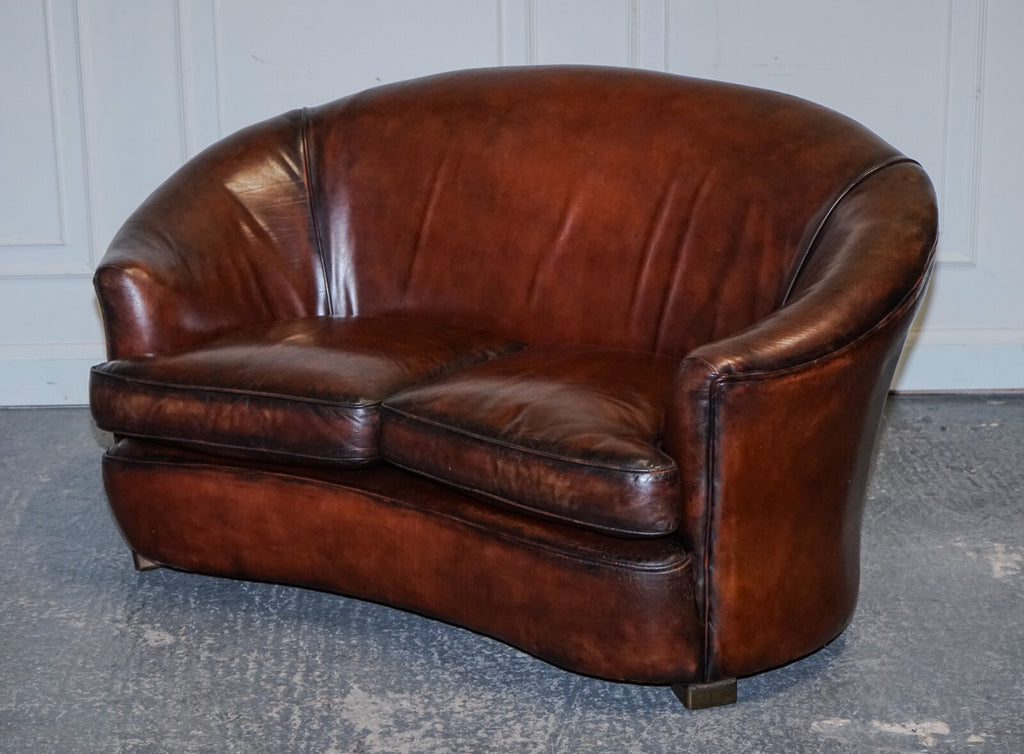 1920'S ART DECO RESTORED HAND DYED WHISKEY BROWN SUITE SOFA ARMCHAIRS FOOTSTOOLS