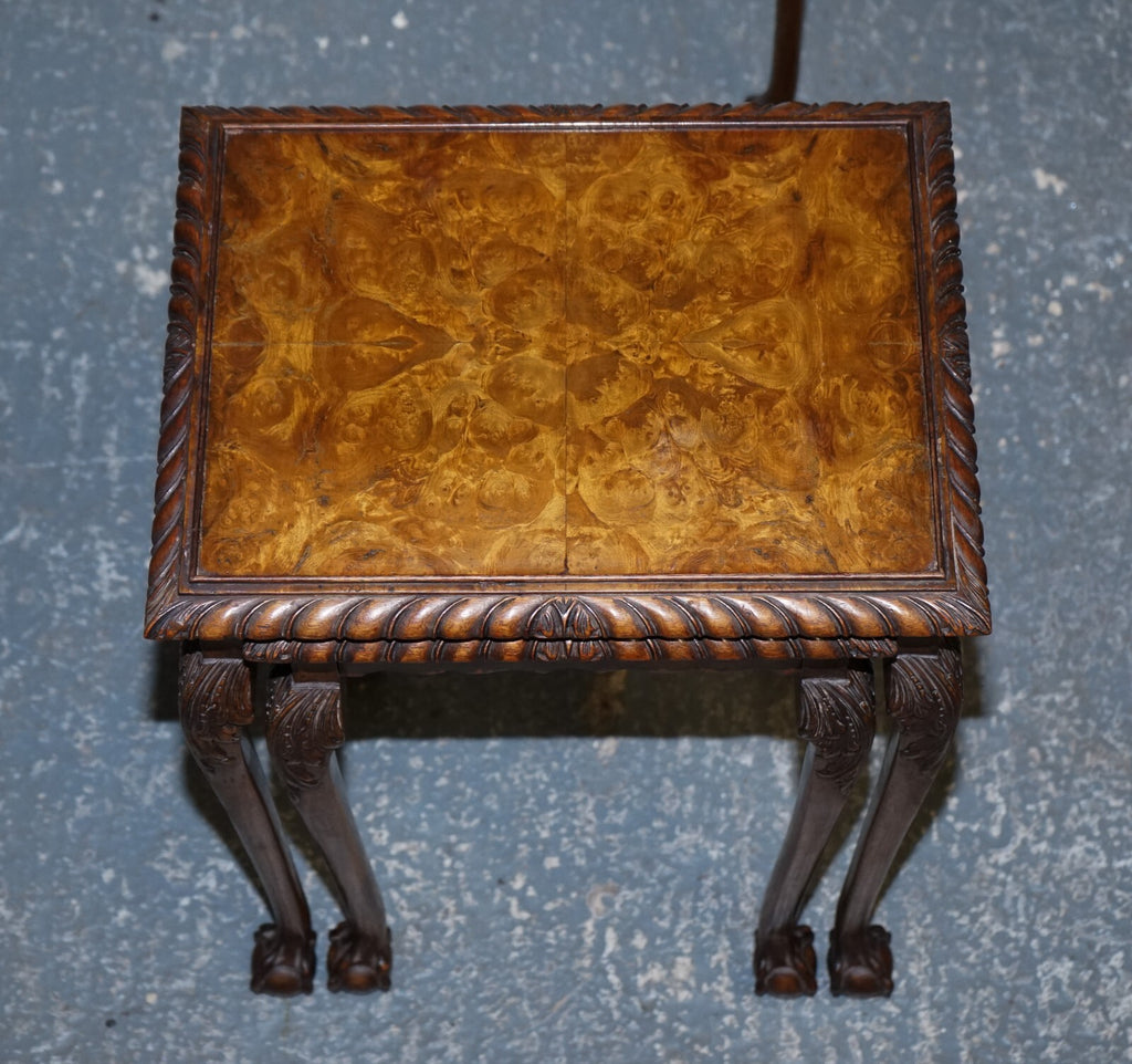 STUNNING BURR WALNUT NEST OF  THREE TABLES CARVED CLAW & BALL FEET
