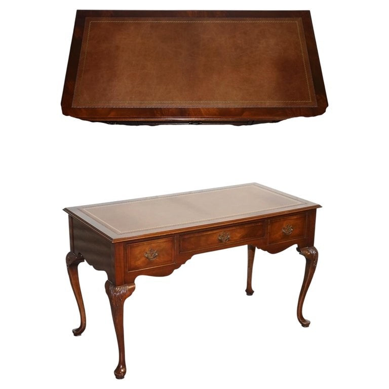 ENGLISH ANTIQUE STYLE WRITING DESK WITH BROWN LEATHER GOLD EMBOSSED TOP