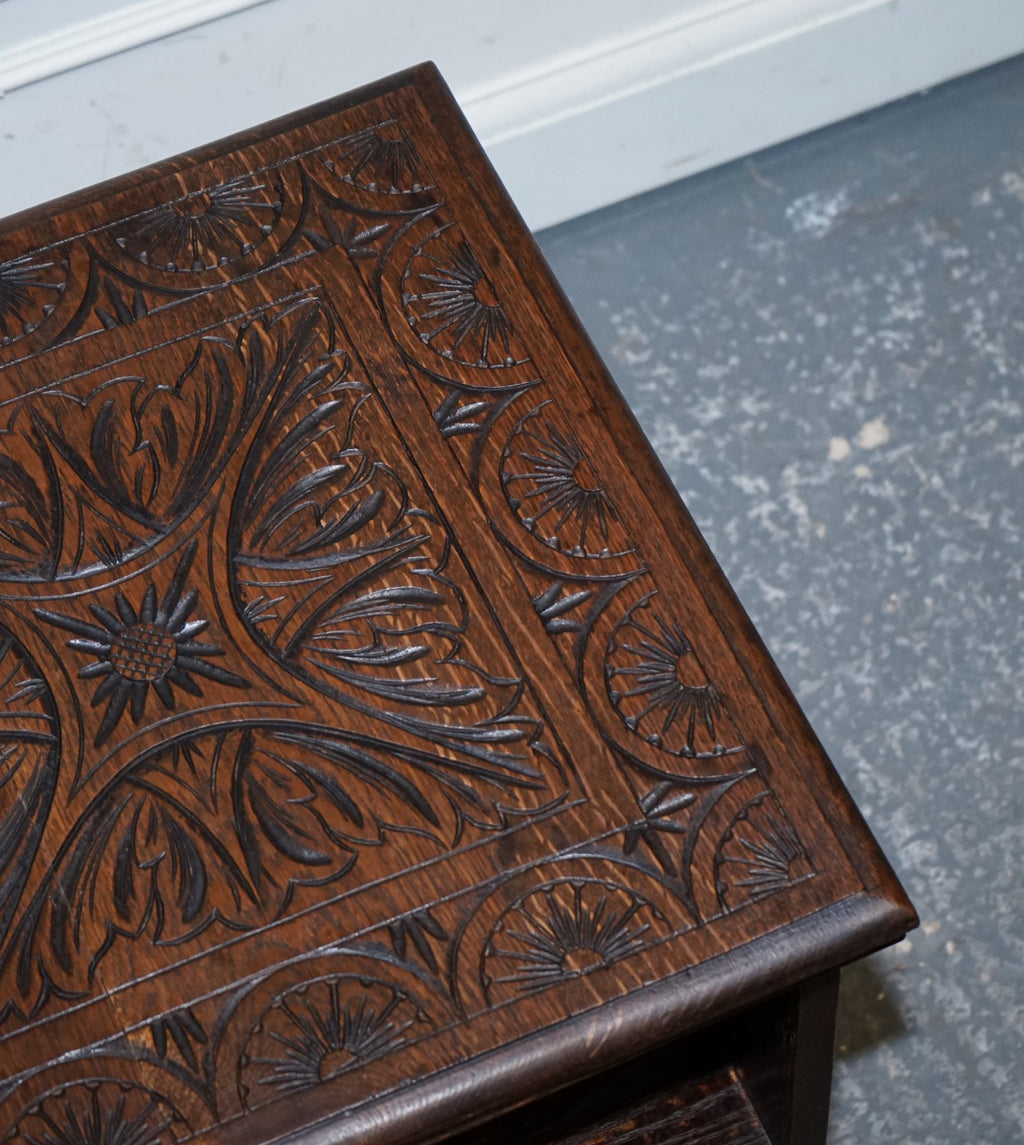 ANTIQUE VICTORIAN ENGLISH SOLID OAK CARVED JACOBEAN REVOLVING OPEN BOOKCASE