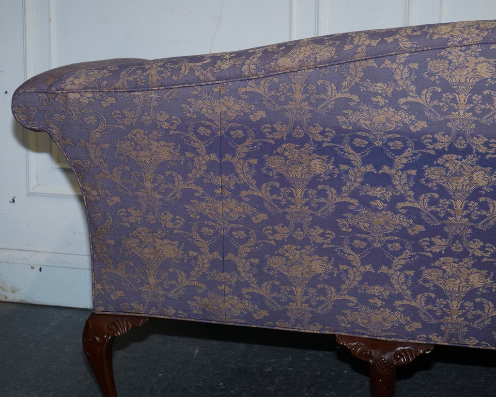 ANTIQUE ENGLISH COUNTRY HOUSE CHIPPENDALE CAMEL BACK FABRIC THREE SEATER SOFA