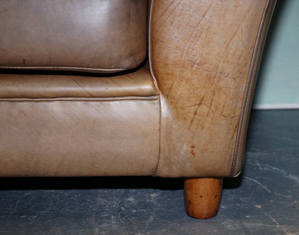 VINTAGE ART DECO STYLE BROWN LEATHER TWO SEATER SOFA