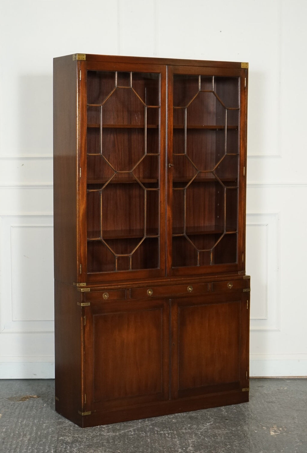 VINTAGE BEVAN FUNNELL MILITARY CAMPAIGN ASTRAL GLAZED LIBRARY DISPLAY CABINET