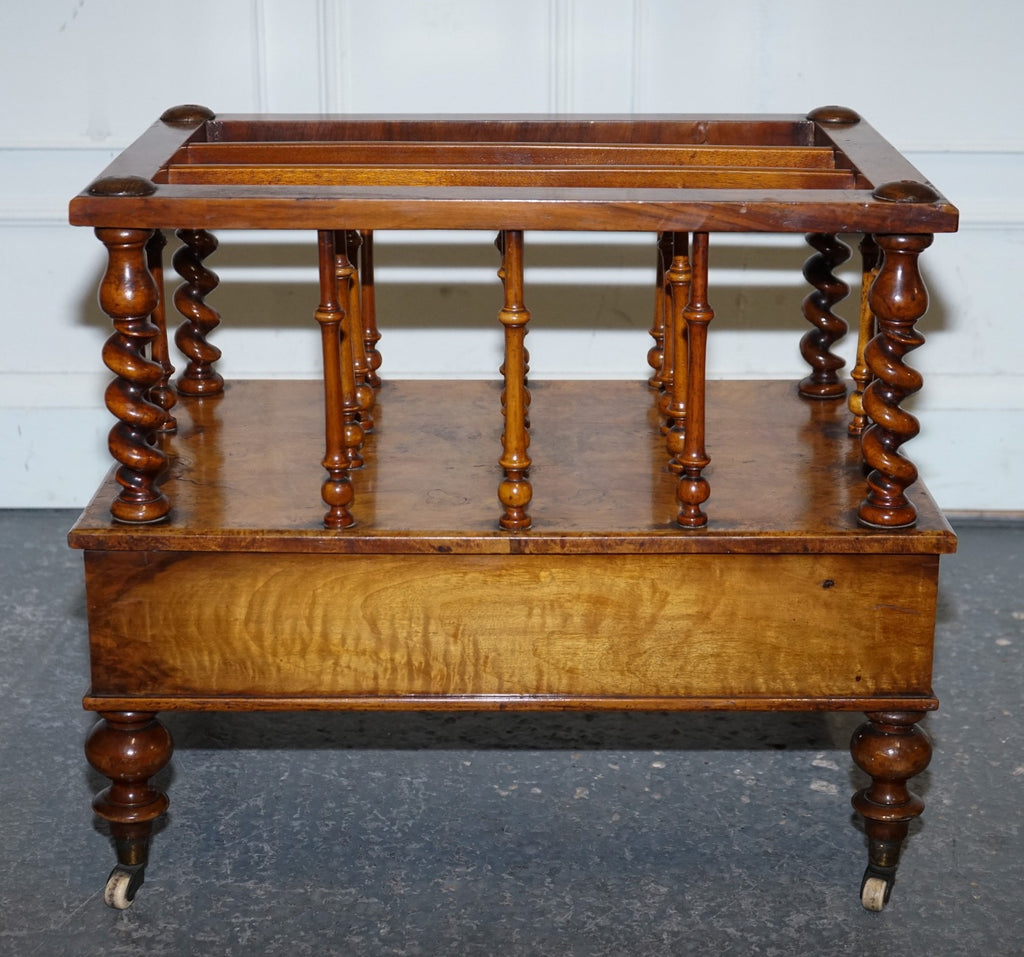 FINE ANTIQUE VICTORIAN 1860 BURR WALNUT CANTERBURY MAGAZINE RACK BOBBIN COLUMNS