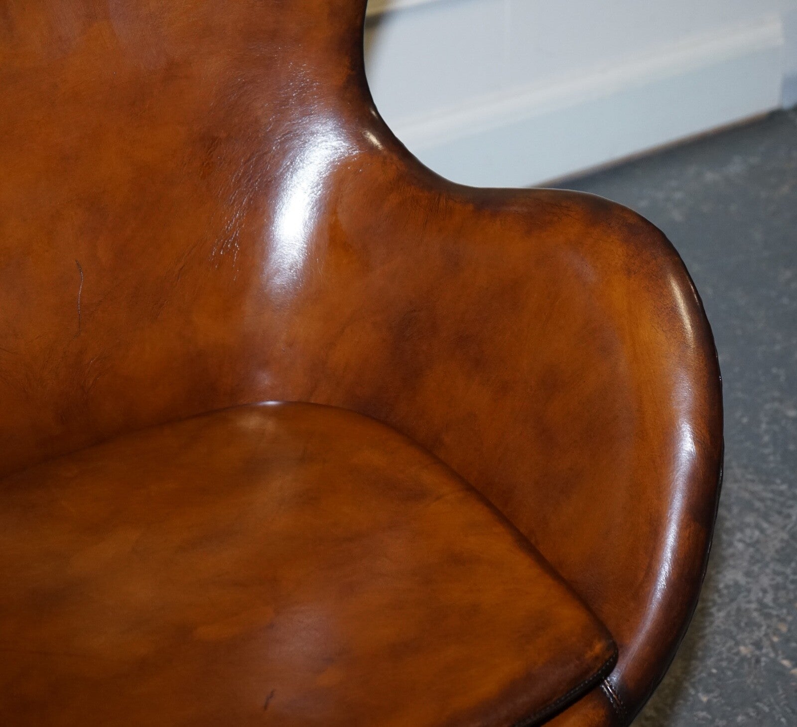 FRITZ HANSEN STYLE VINTAGE HAND DYED WHISKEY BROWN EGG CHAIR