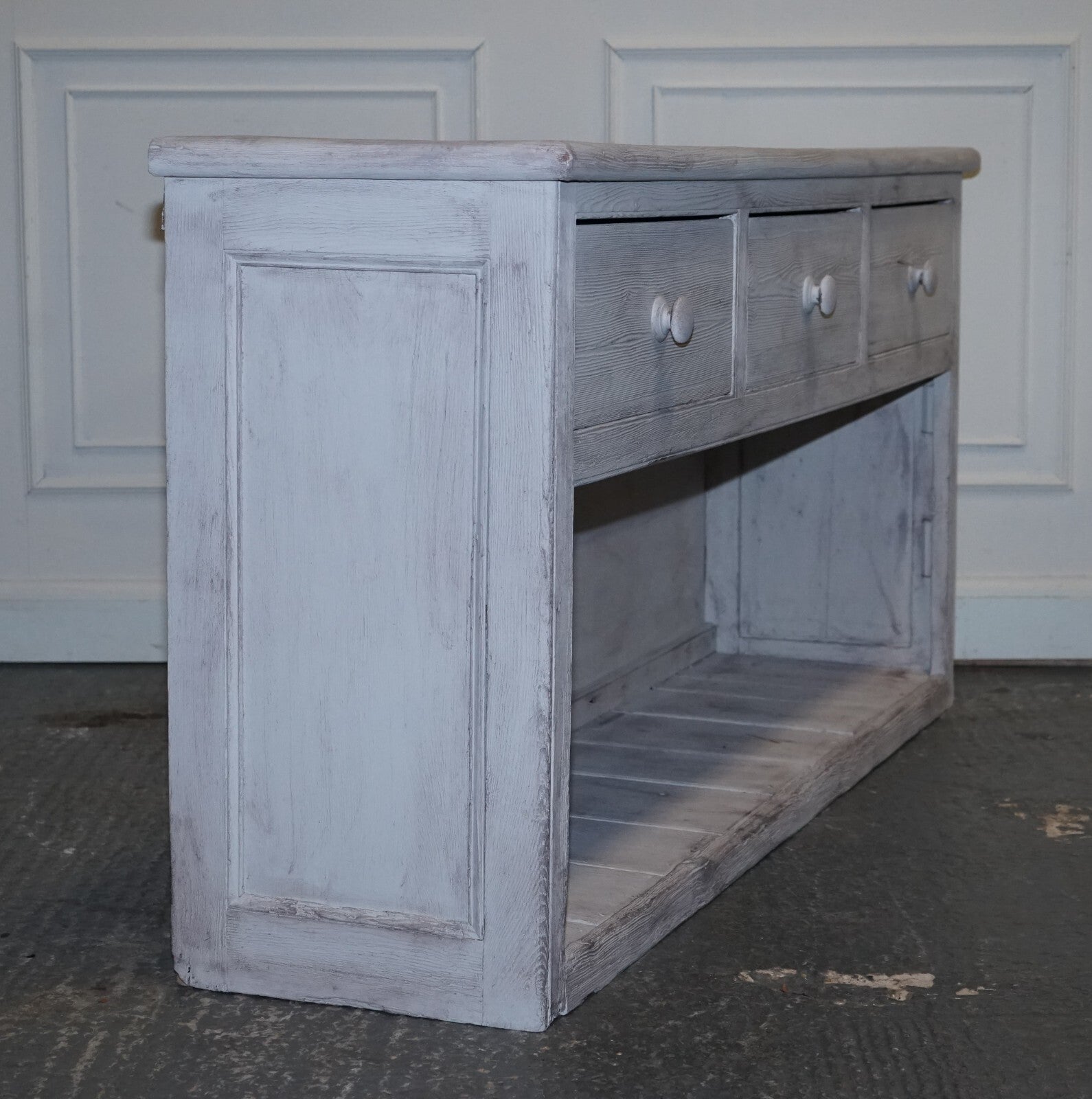 ANTIQUE HAND PAINTED ENGLISH PINE FARMHOUSE SIDEBOARD WITH THREE DRAWERS
