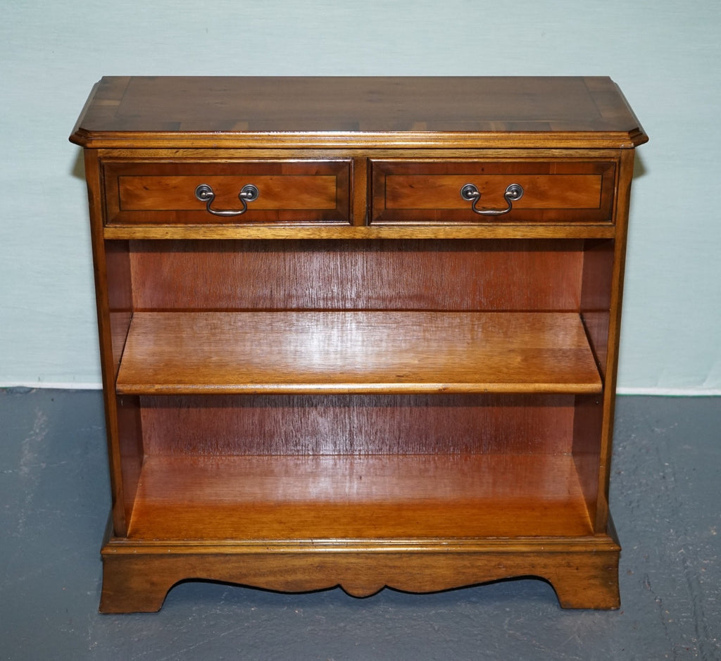 VINTAGE BURR YEW WOOD OPEN DWARF LIBRARY BOOKCASE WiTH TWO DRAWERS
