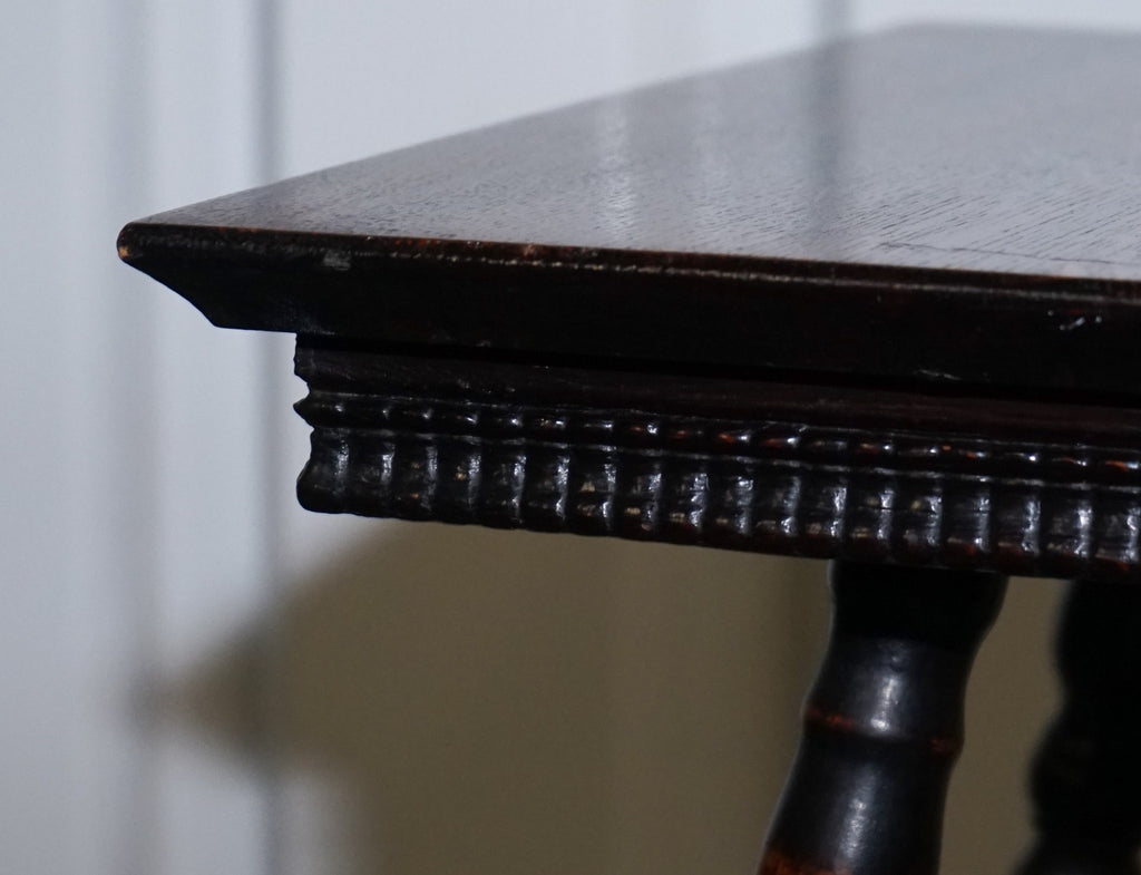 ANTIQUE VICTORIAN TIGER OAK SIDE TABLE TURNED BOBBIN LEGS WITH CAST IRON FEET