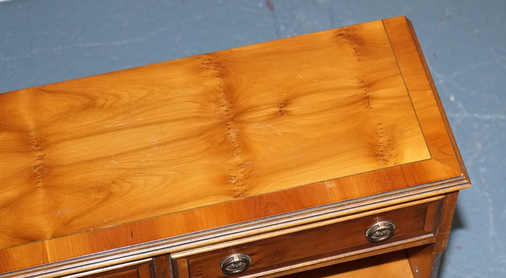 ELEGANT VINTAGE YEW WOOD LOW DWARF BOOKCASE WITH TWO STORAGE DRAWERS