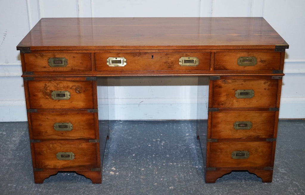 VINTAGE MILITARY CAMPAIGN YEW WOOD TWIN PEDESTAL DESK