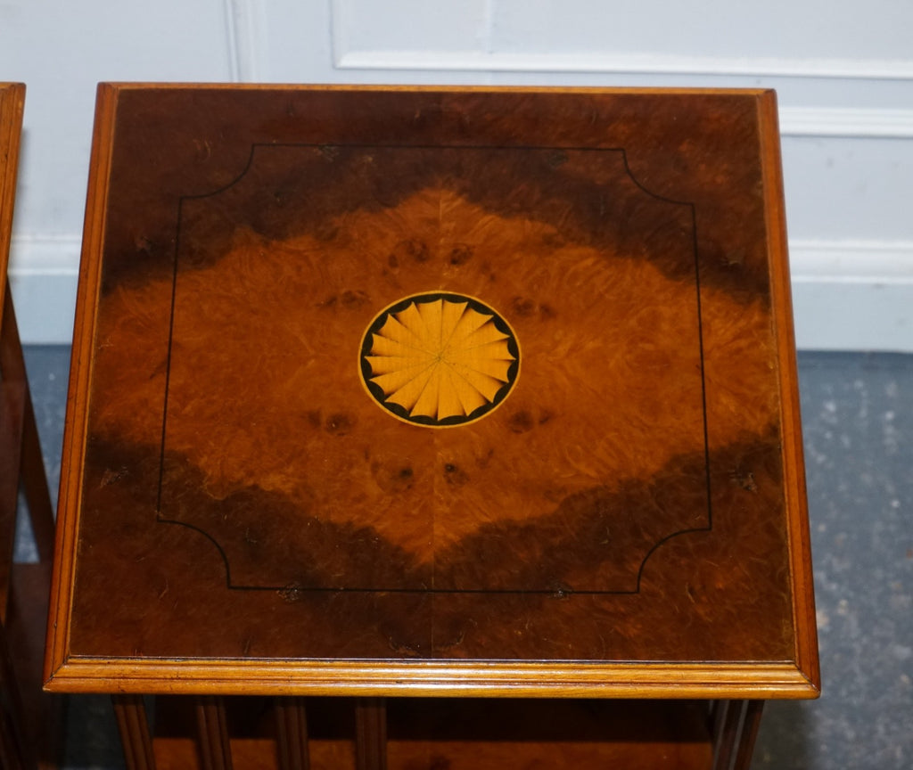 RESTORED PAIR OF ANTIQUE STYLE SHERATON REVIVAL BURR WALNUT BOOKCASES SIDE TABLE