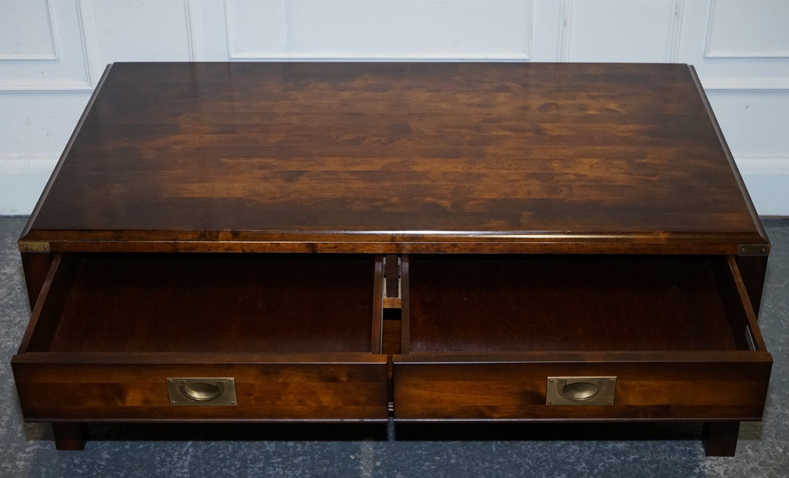 VINTAGE MILITARY CAMPAIGN MAHOGANY & BRASS COFFEE TABLE WITH TWO DRAWERS