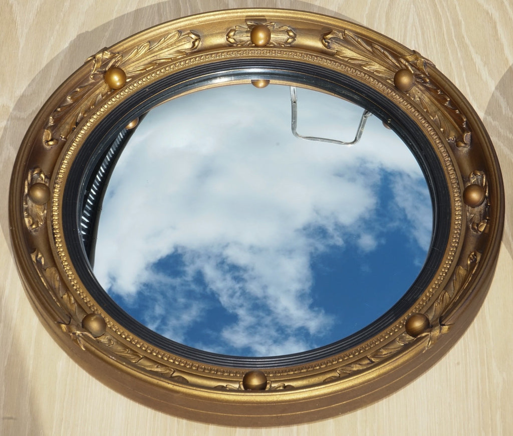 ANTIQUE PAIR OF 1930'S ATSONEA  BUTLERS CONVEX GOLD GILT WOOD WALL MIRROR
