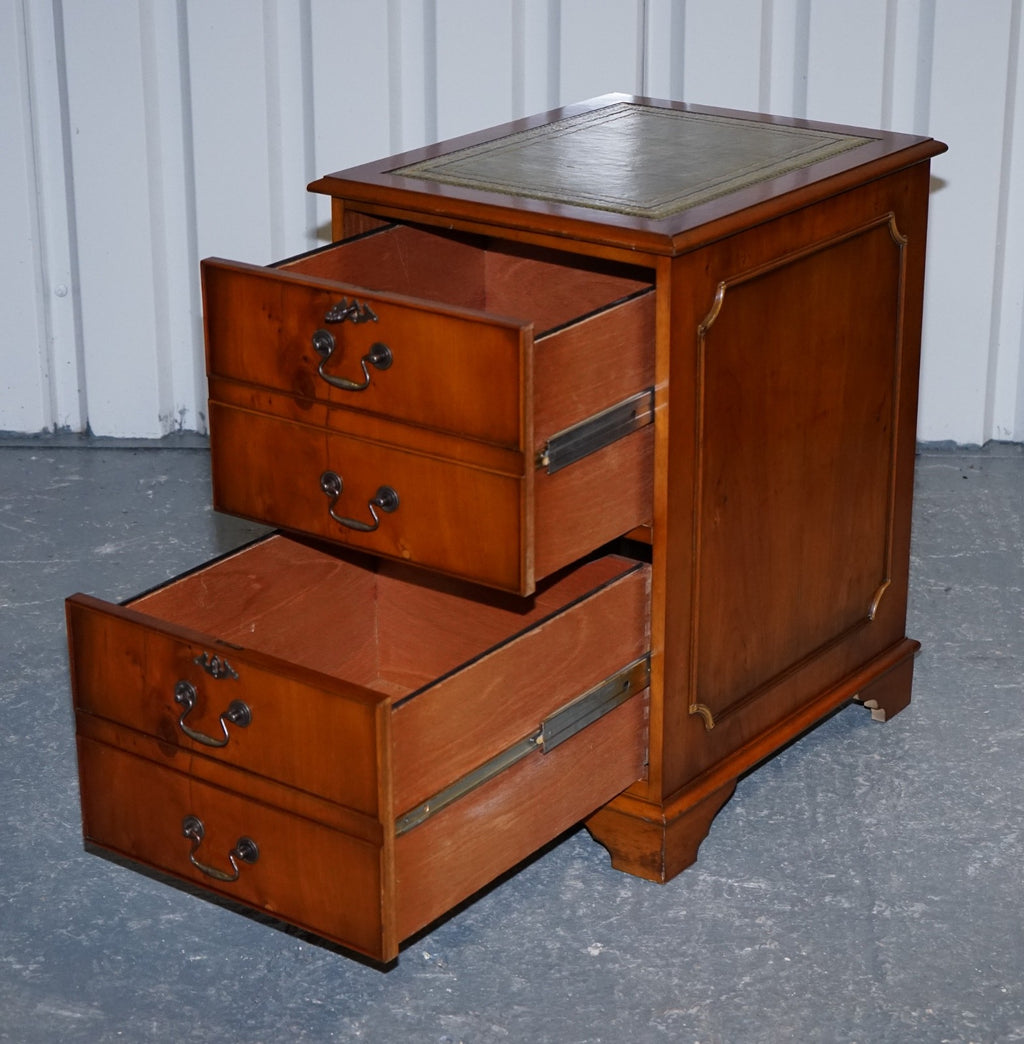 VINTAGE YEW WOOD FILLING CABINET WITH GREEN LEATHER TOP AND TWO DRAWERS