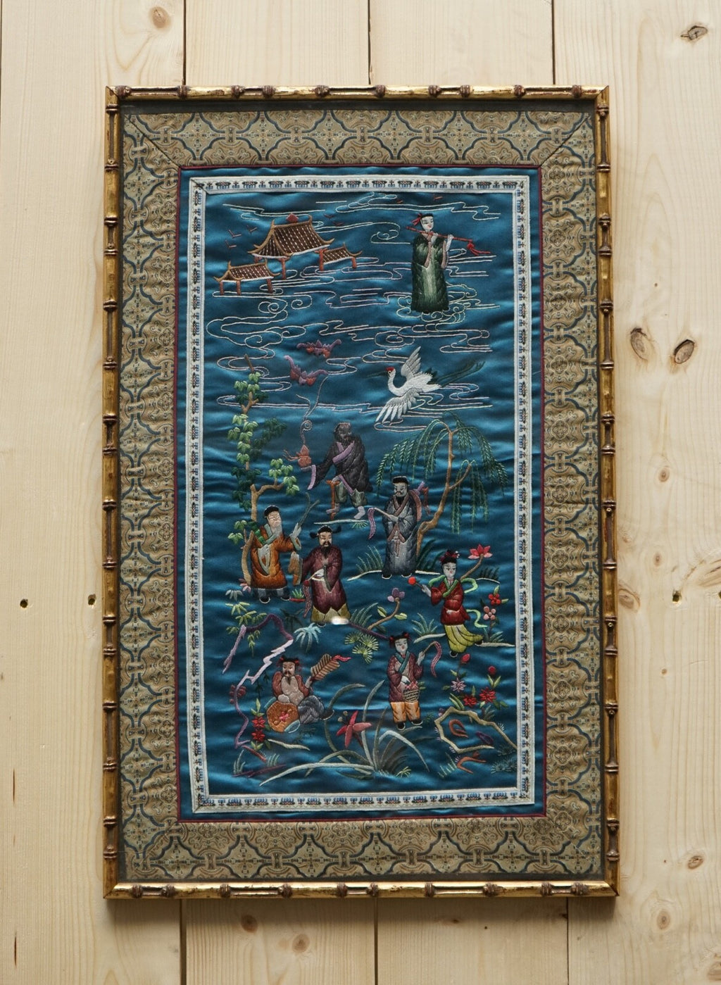 VINTAGE CHINESE HAND EMBROIDERED SILK TAPESTRY PANEL IN FAUX GILT BAMBOO FRAME
