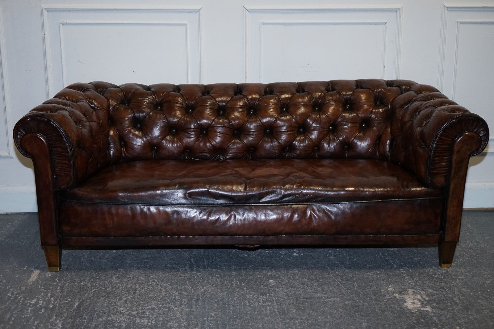 ANTIQUE SWEDISH CHESTERFIELD HAND DYED LEATHER FULLY COIL SPRUNG THREE SEAT SOFA