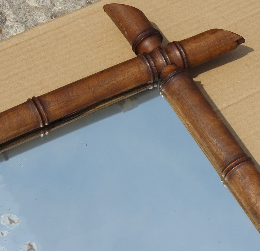LARGE FRENCH ANTIQUE DECORATIVE FAUX BAMBOO WALL MiRROR WITH HEAVILY FOXED GLASS