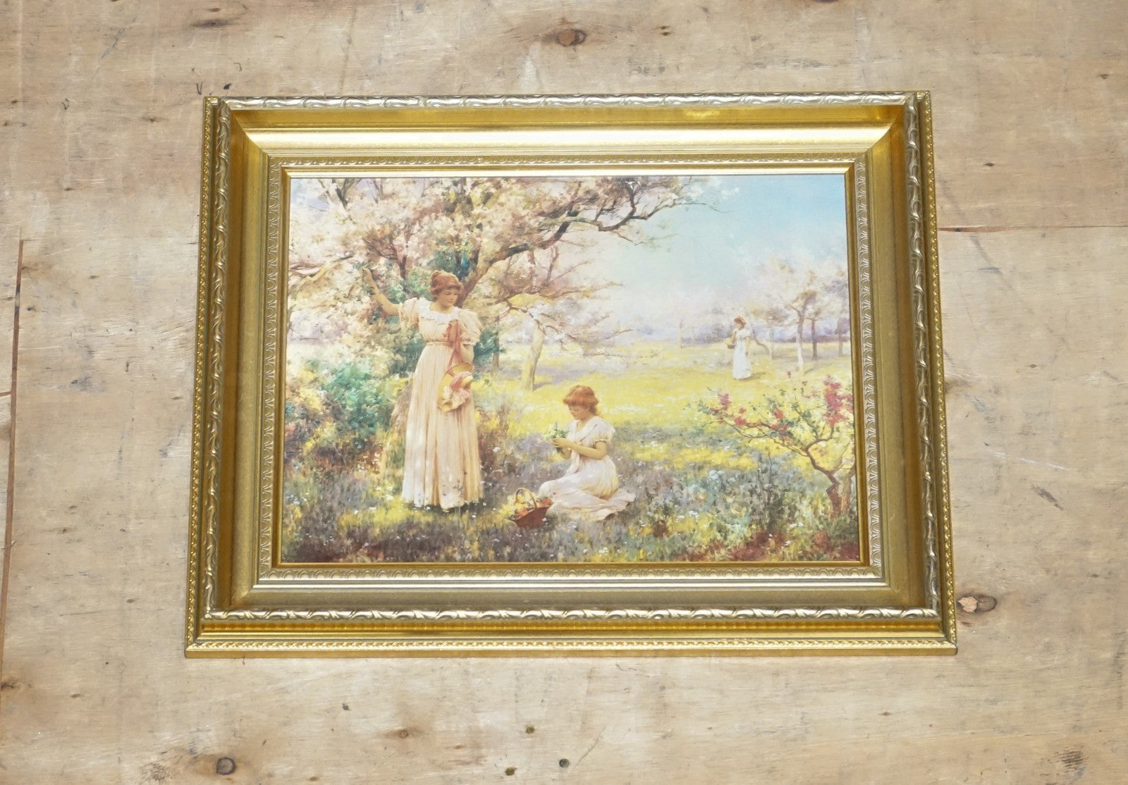PAINTING PRINT GOLDEN FRAME''PICKING FLOWERS''BY ALFRED GLENDENING JR. 42X52 CM
