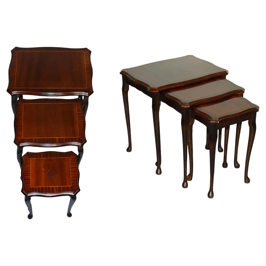 VINTAGE HARDWOOD NEST OF TABLES WITH iNLAY QUEEN ANNE STYLE