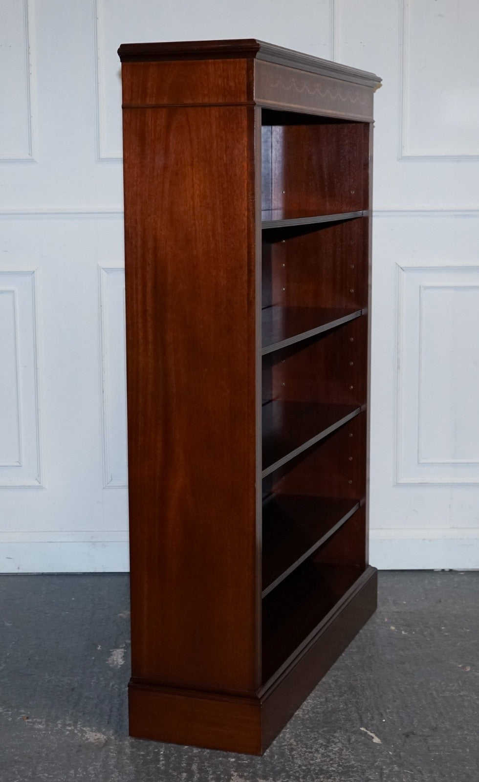LARGE VINTAGE EDWARDIAN STYLE INLAID SHERATON OPEN BOOKCASE ADJUSTABLE SHELVES