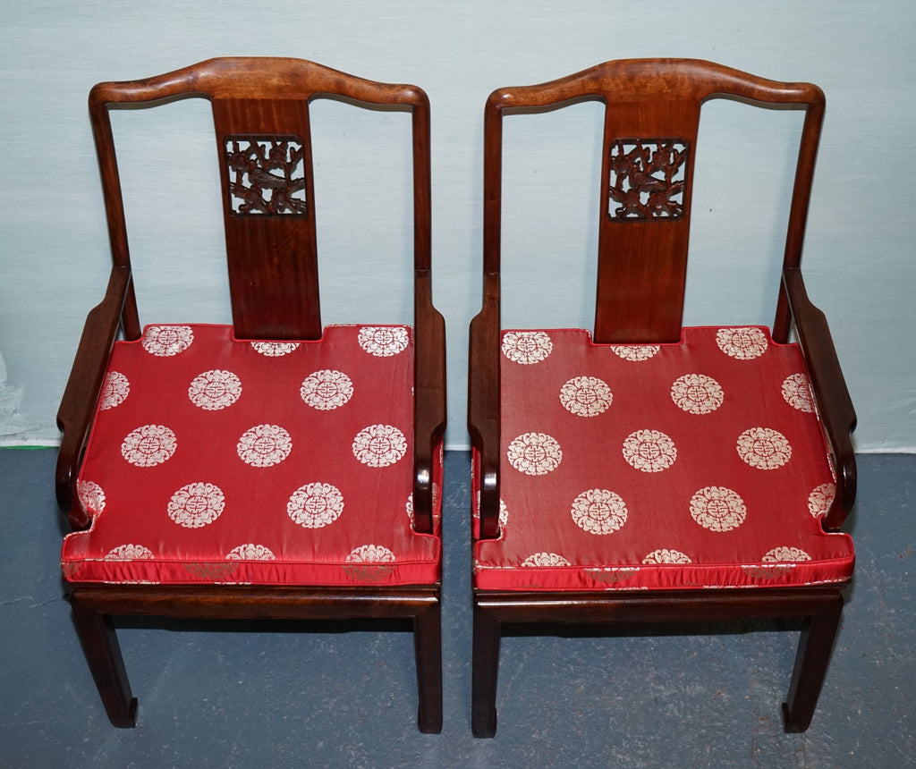 SET OF TEN VINTAGE ORIENTAL CHINESE HARDWOOD CARVER DINING ARMCHAIRS W/ CUSHIONS