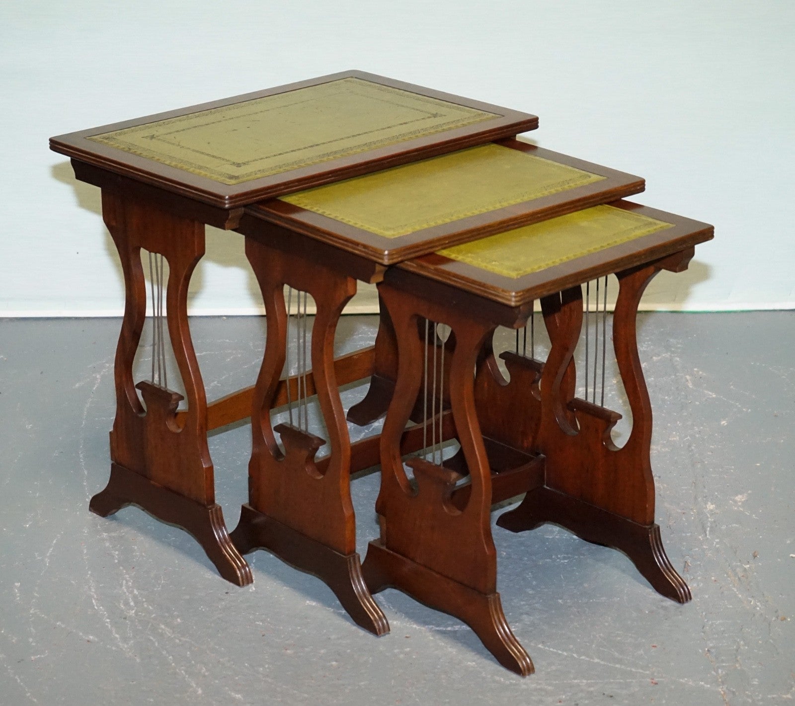 VINTAGE LYRE BASE GREEN LEATHER TOP NEST OF TABLES SIDE TABLES