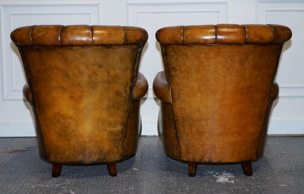 VINTAGE PAIR OF ART DECO STYLE HAND DYED LEATHER SHELL ARM CHAIRS
