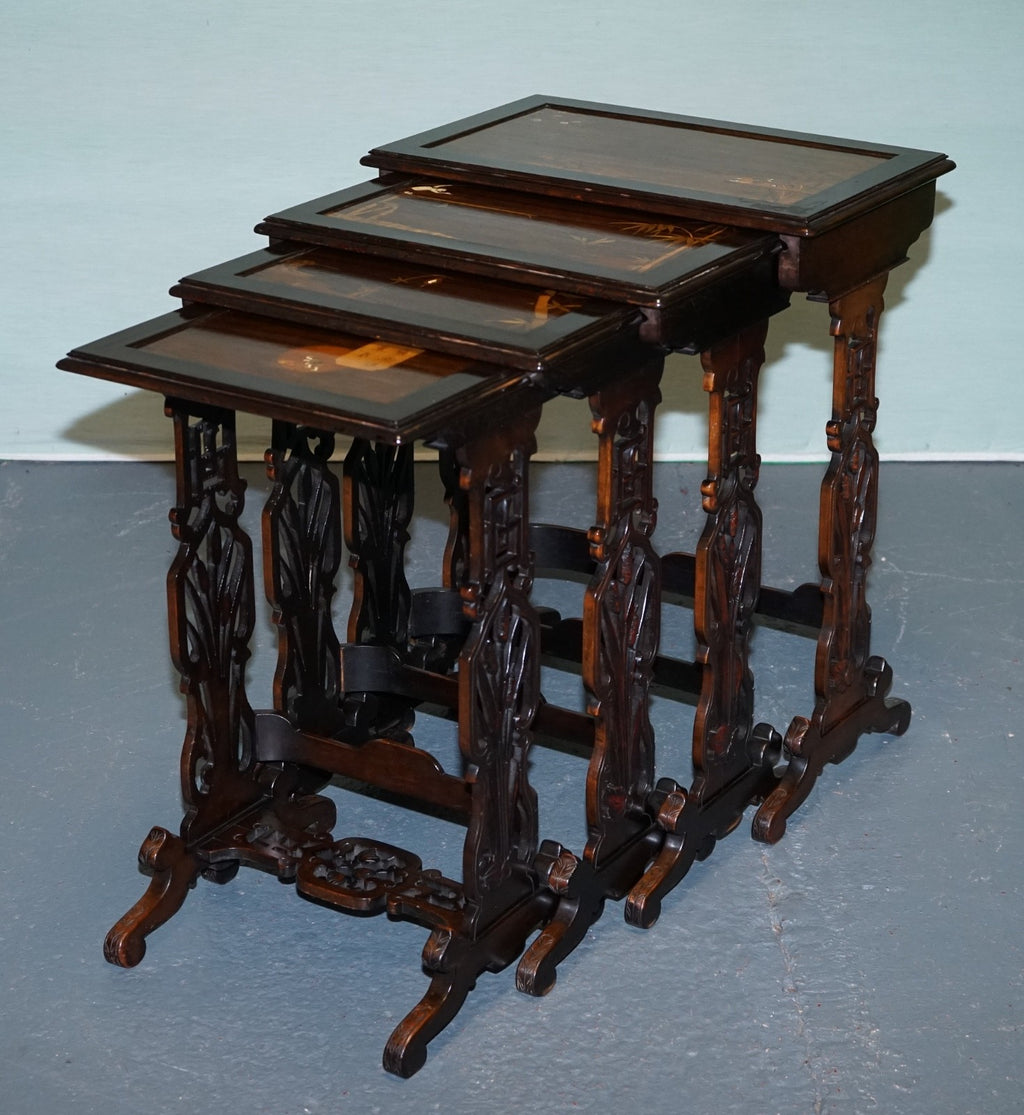 ART NOUVEAU CHINESE EXPORT NESTING TABLES PIERCED FRETWORK BONE & ABALONE C 1900
