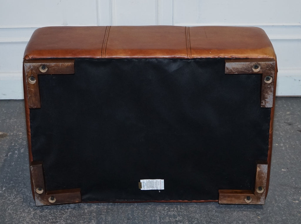VINTAGE LARGE TAN LEATHER FOOTSTOOL OTTOMAN MADE BY HALO