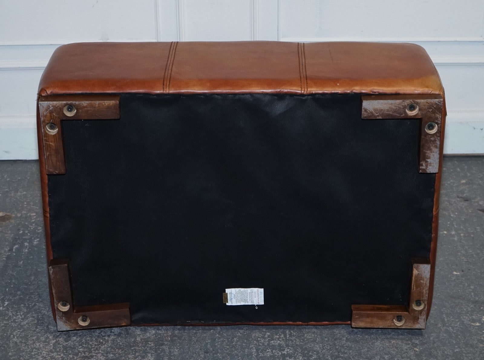 VINTAGE LARGE TAN LEATHER FOOTSTOOL OTTOMAN MADE BY HALO