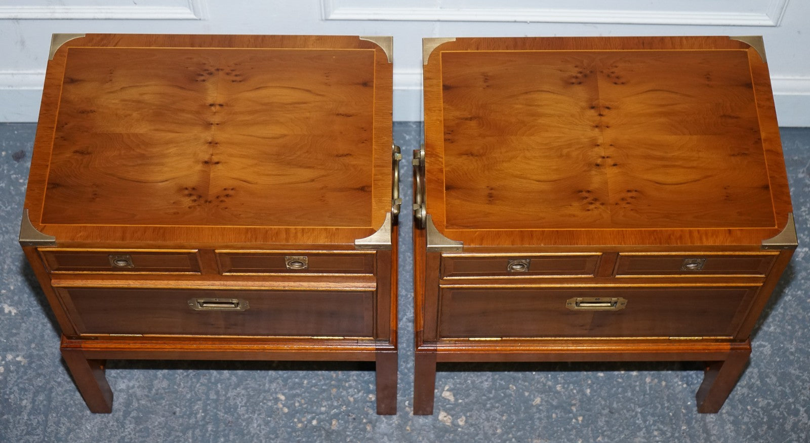 A PAIR OF YEW WOOD & BRASS ENGLISH MILITARY CAMPAIGN END CABINETS NIGHTSTANDS