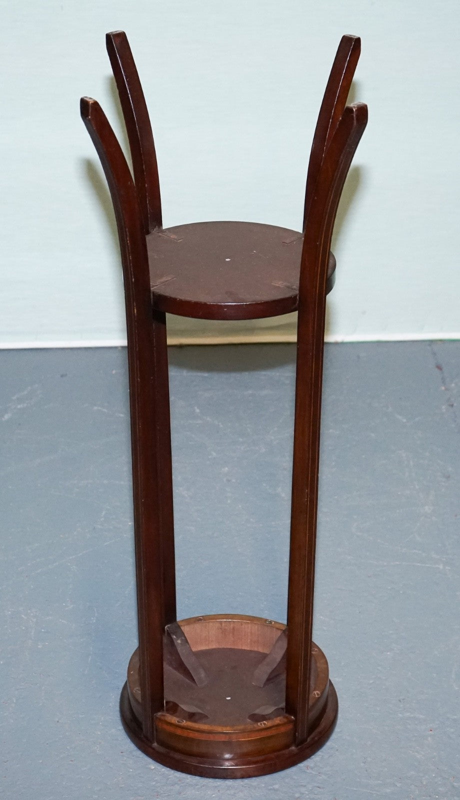 ANTIQUE HARDWOOD TWO TIER PLANT STAND WITH STARBURST MARQUETRY INLAY