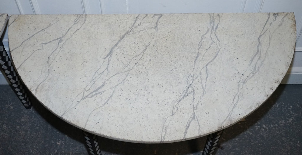 ENGLISH GEORGIAN HAND PAINTED PAIR OF DEMI LUNE SIDE CONSOLE TABLE MARBLE EFFECT