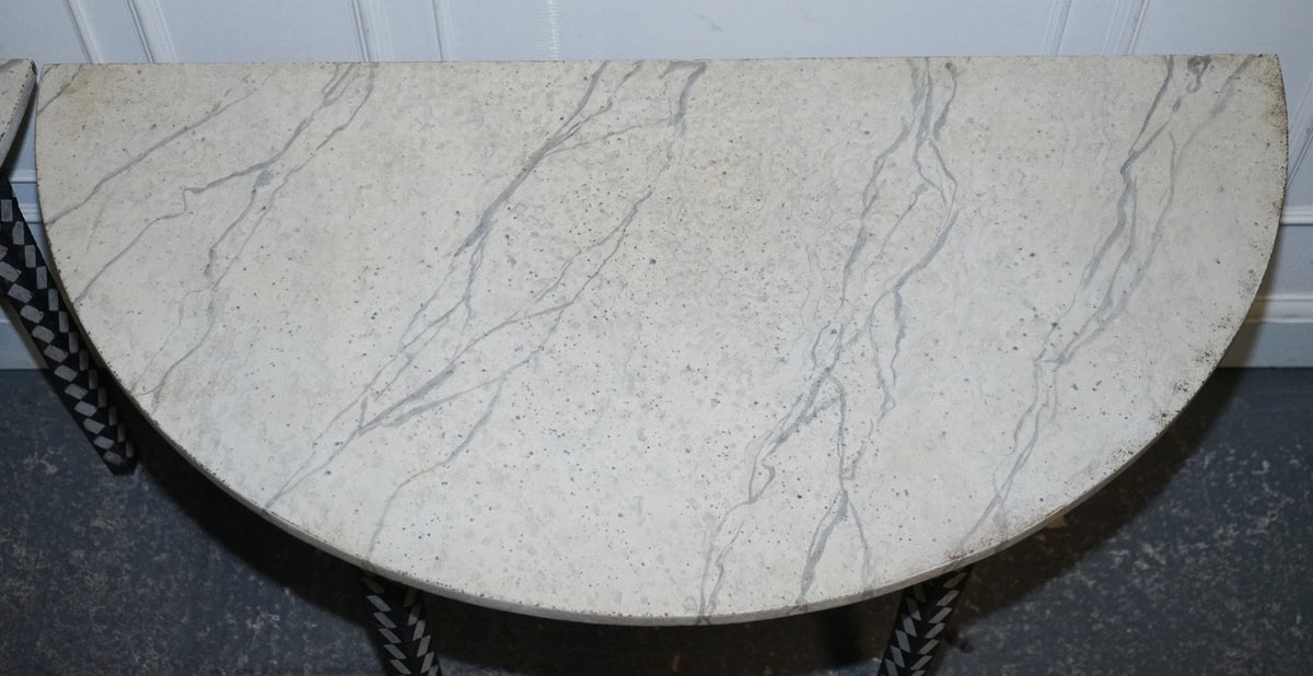 ENGLISH GEORGIAN HAND PAINTED PAIR OF DEMI LUNE SIDE CONSOLE TABLE MARBLE EFFECT