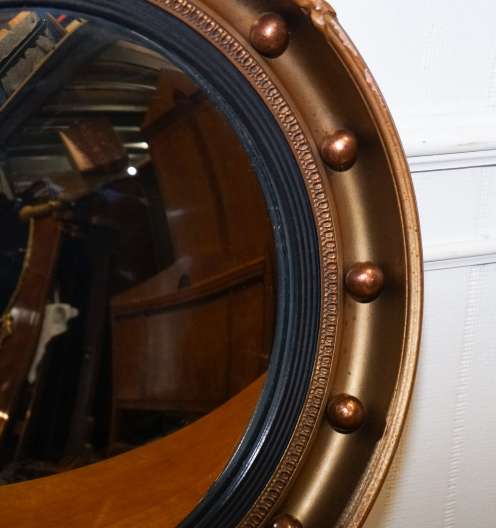 ANTIQUE 1920'S BUTLERS CONVEX GOLD GILT WOOD WALL MIRROR 42 CM DIAMETER