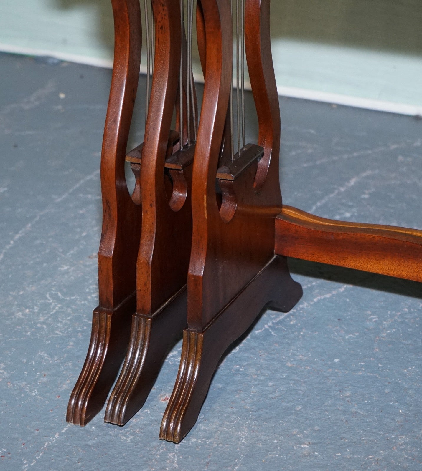 VINTAGE LYRE BASE GREEN LEATHER TOP NEST OF TABLES SIDE TABLES