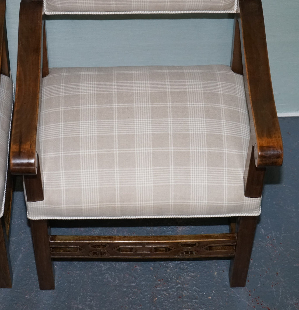 LOVELY PAIR OF VICTORIAN NEWLY UPHOLSTERED CARVER ARMCHAIRS CARVED WOOD DETAIL