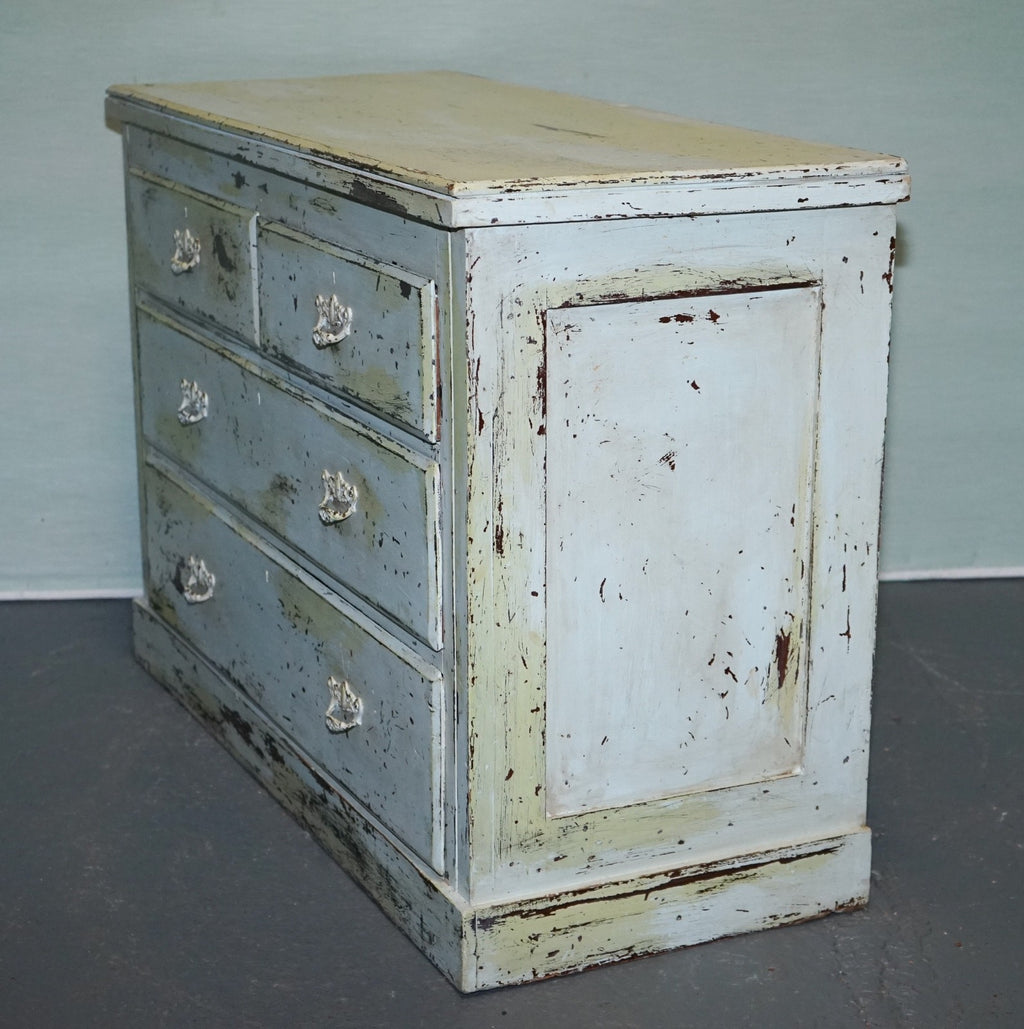 ANTIQUE HAND PAINTED PALE PINE GREEN THREE DRAWER CHEST OF DRAWERS