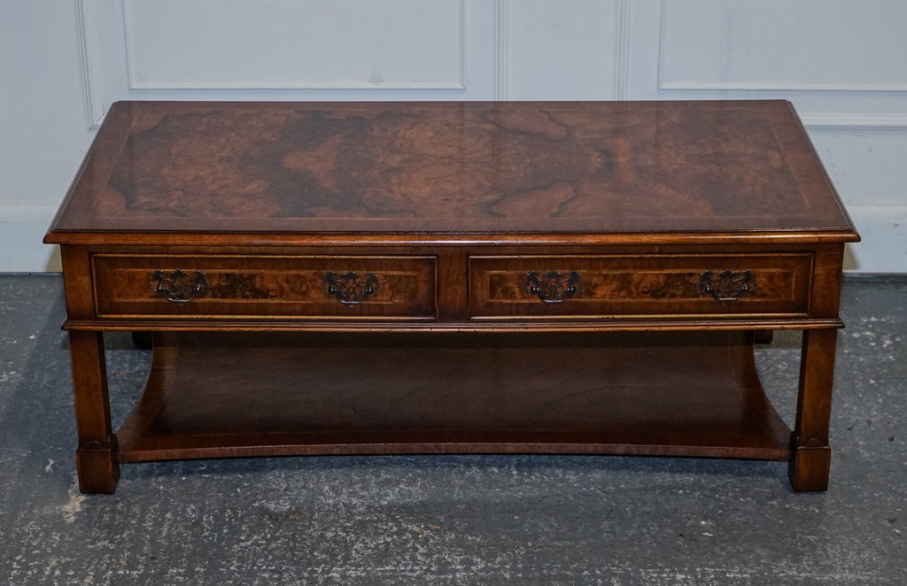VINTAGE BRIGHTS OF NETTLEBED BURR WALNUT COFFEE TABLE WITH TWO DEEP DRAWERS
