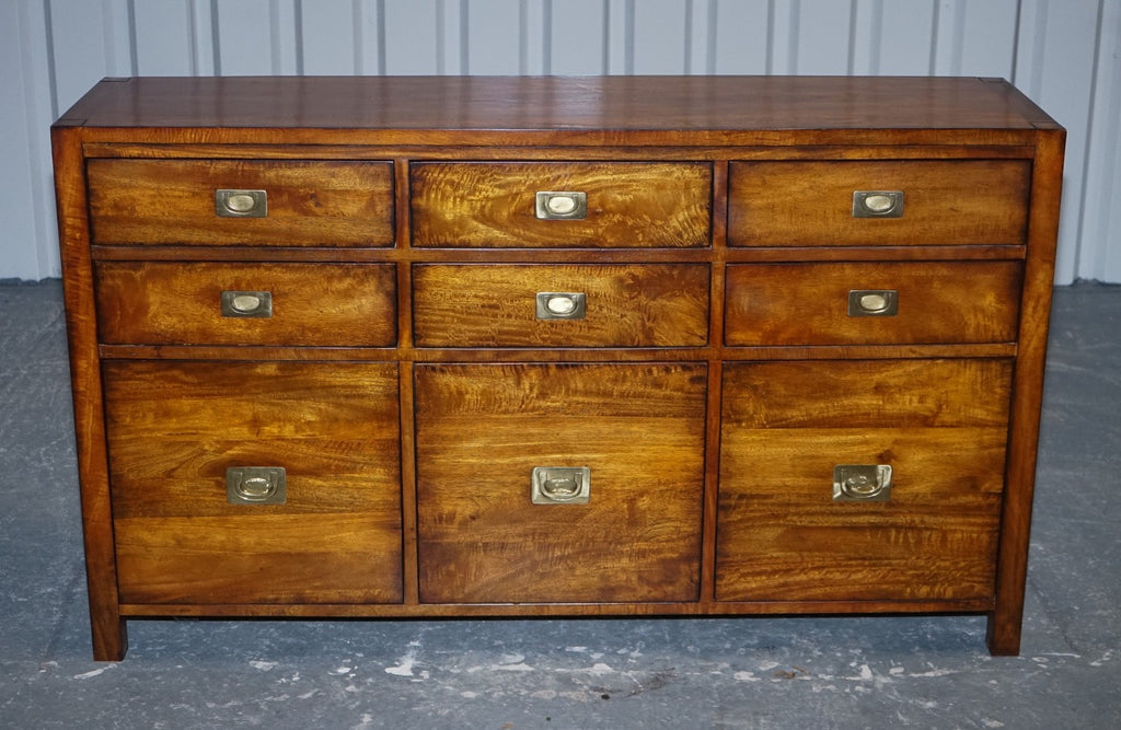 VINTAGE HARDWOOD & BRASS MILITARY CAMPAIGN STYLE BANK OF DRAWERS SIDEBOARD
