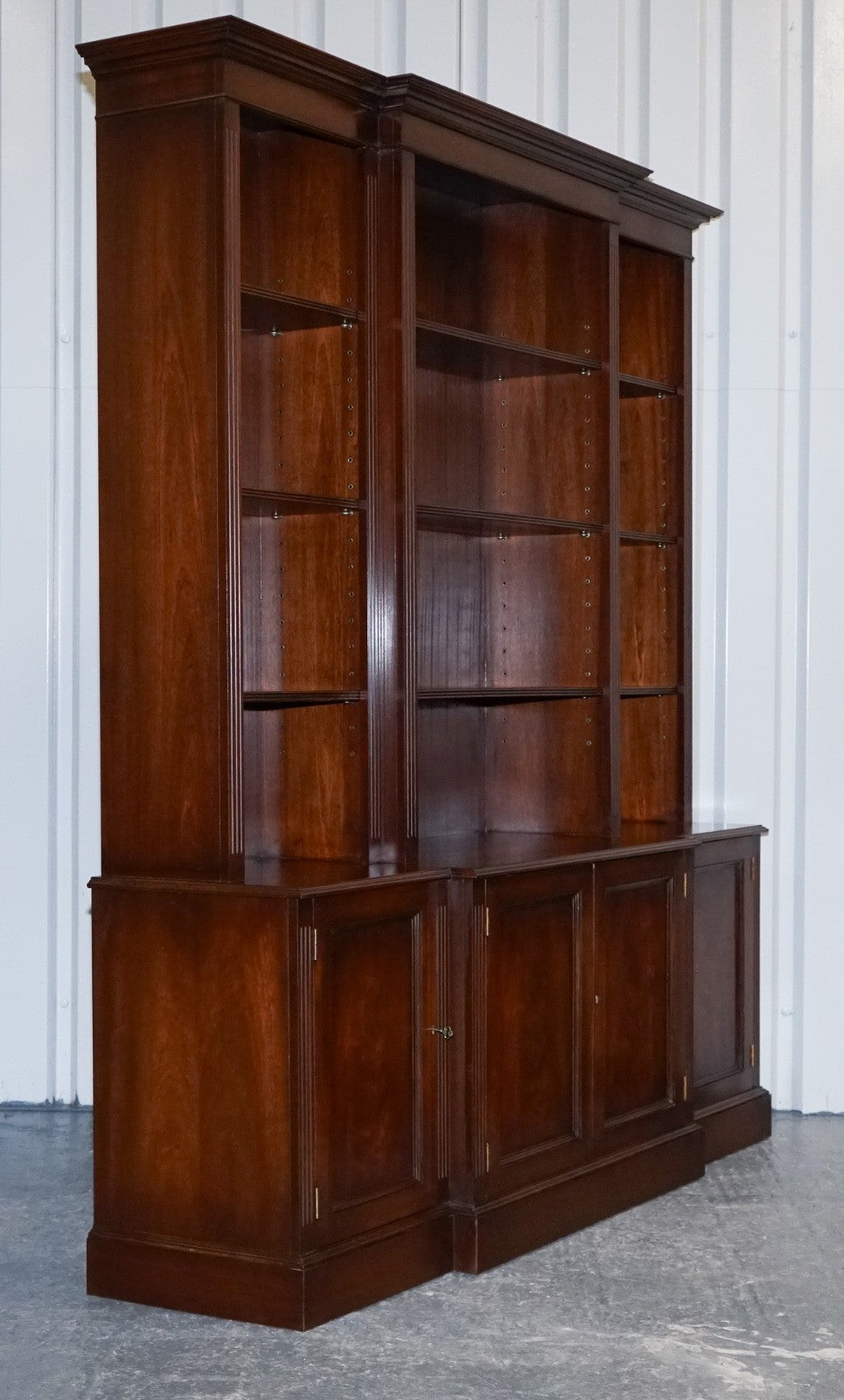 REGENCY STYLE BREAKFRONT OPEN BOOKCASE DISPLAY CABINET SHELVES & CUPBOARDS