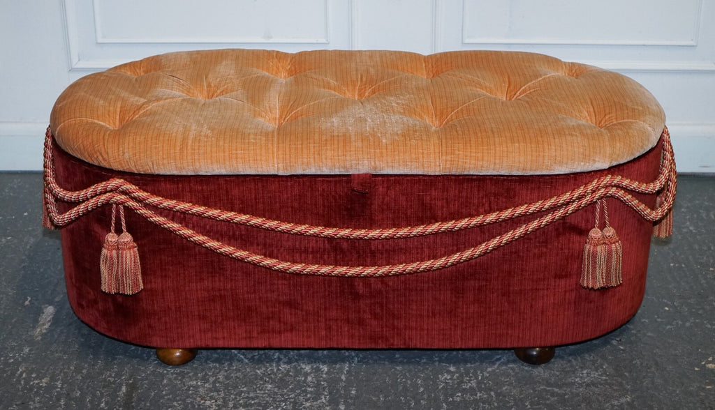 ANTIQUE VICTORIAN FABRIC OTTOMAN BLANKET BED END STORAGE BOX WITH TASSEL ACCENTS