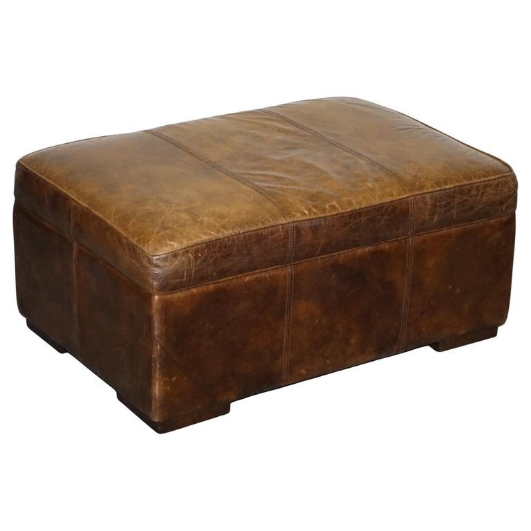 VINTAGE HALO REGGIO GROUCHO BROWN LEATHER OTTOMAN FOOTSTOOL WITH STORAGE SPACE