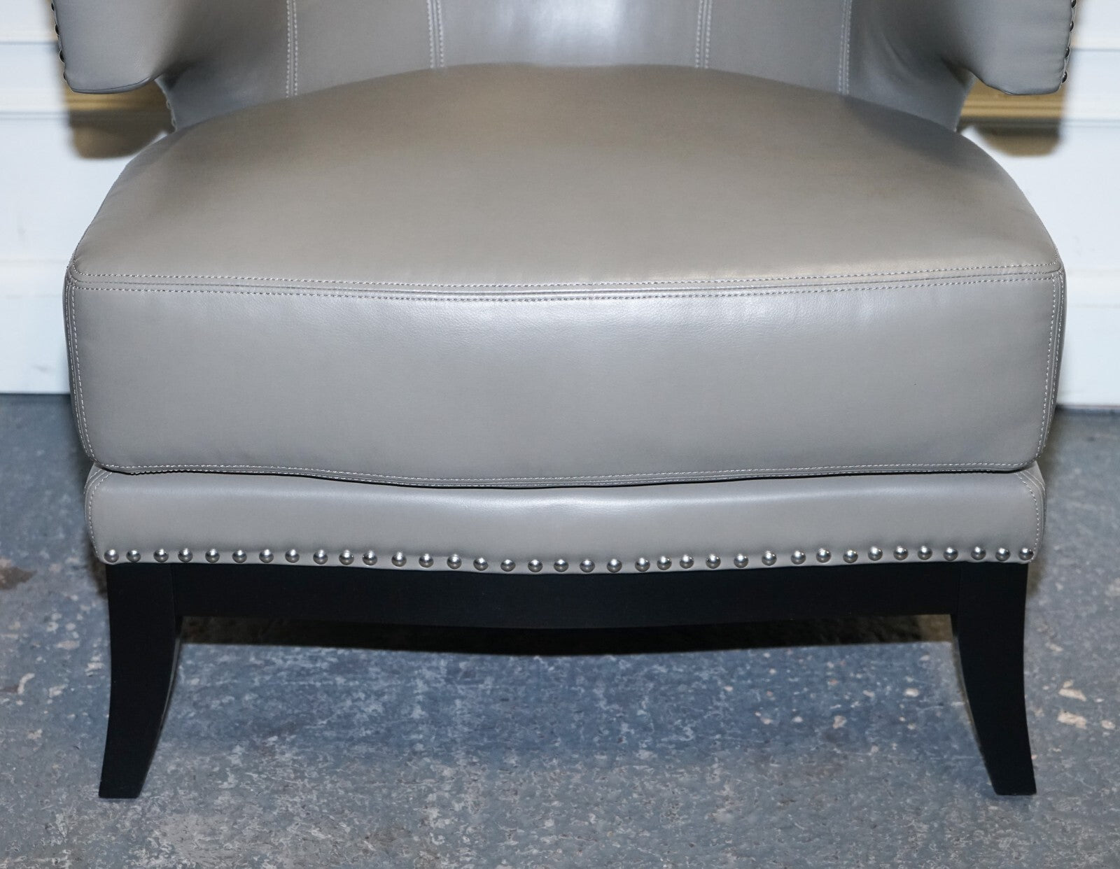 CONTEMPORARY COACH HOUSE GREY LEATHER ROUND BACK ARMCHAIRS WiTH STUDS