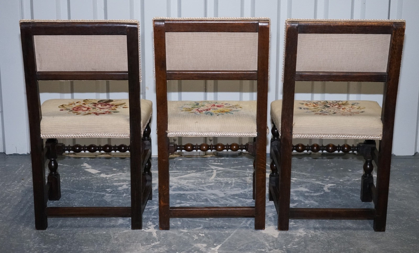ENGLISH VICTORIAN SET OF SIX ORIGINAL FLORAL TAPESTRY UPHOLSTERY DINNING CHAIRS