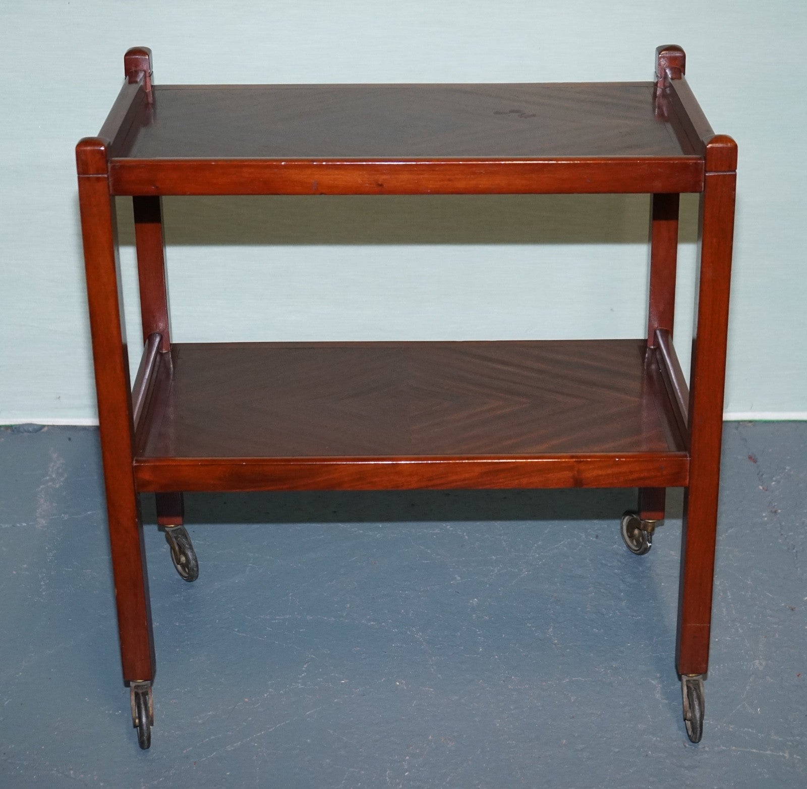 1960s VINTAGE TWO TIER WOODEN TEA TROLLET ON BRASS CASTERS