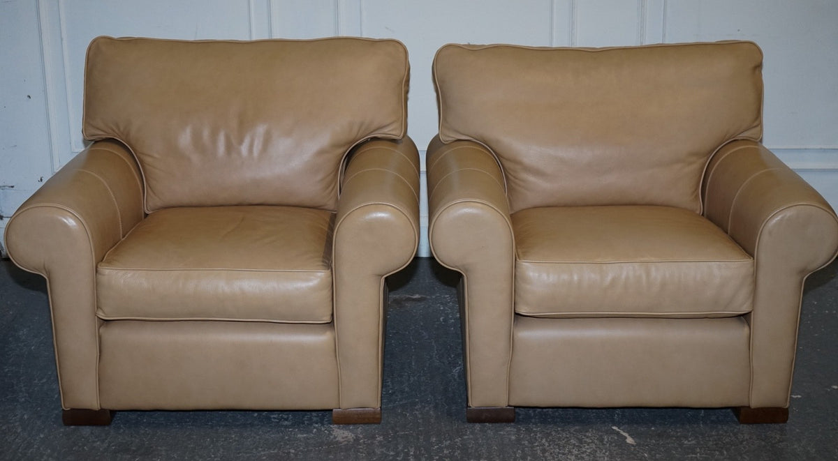 FINE LATTE BROWN LEATHER PAIR OF ARMCHAIRS MADE BY MULTIYORK ENGLAND