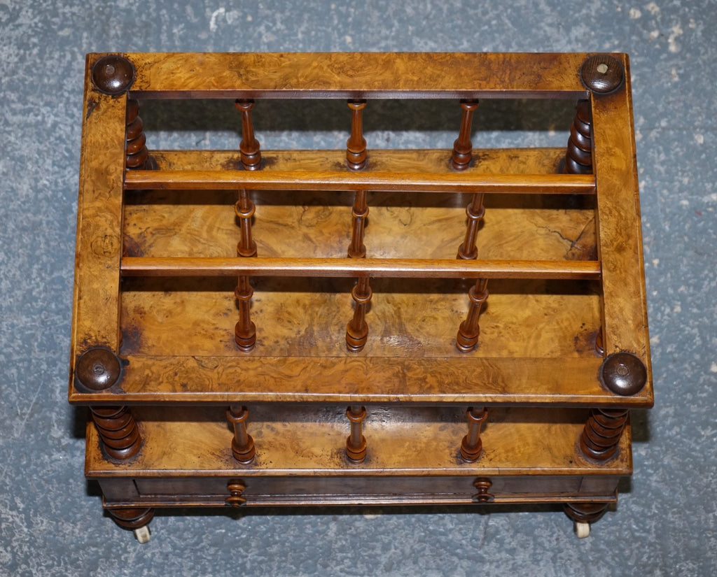 FINE ANTIQUE VICTORIAN 1860 BURR WALNUT CANTERBURY MAGAZINE RACK BOBBIN COLUMNS