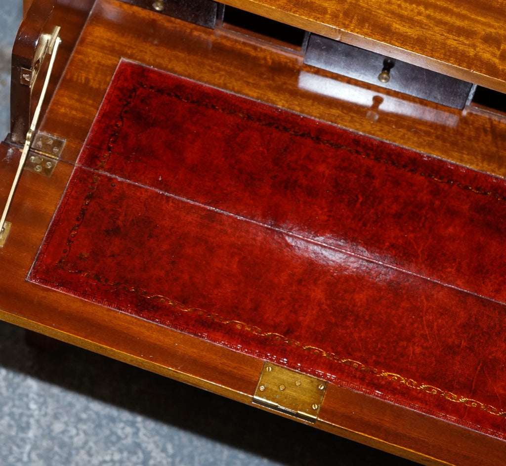 VINTAGE MILITARY CAMPAIGN SECRETAIRE CHEST OF DRAWERS WITH AGED RED LEATHER